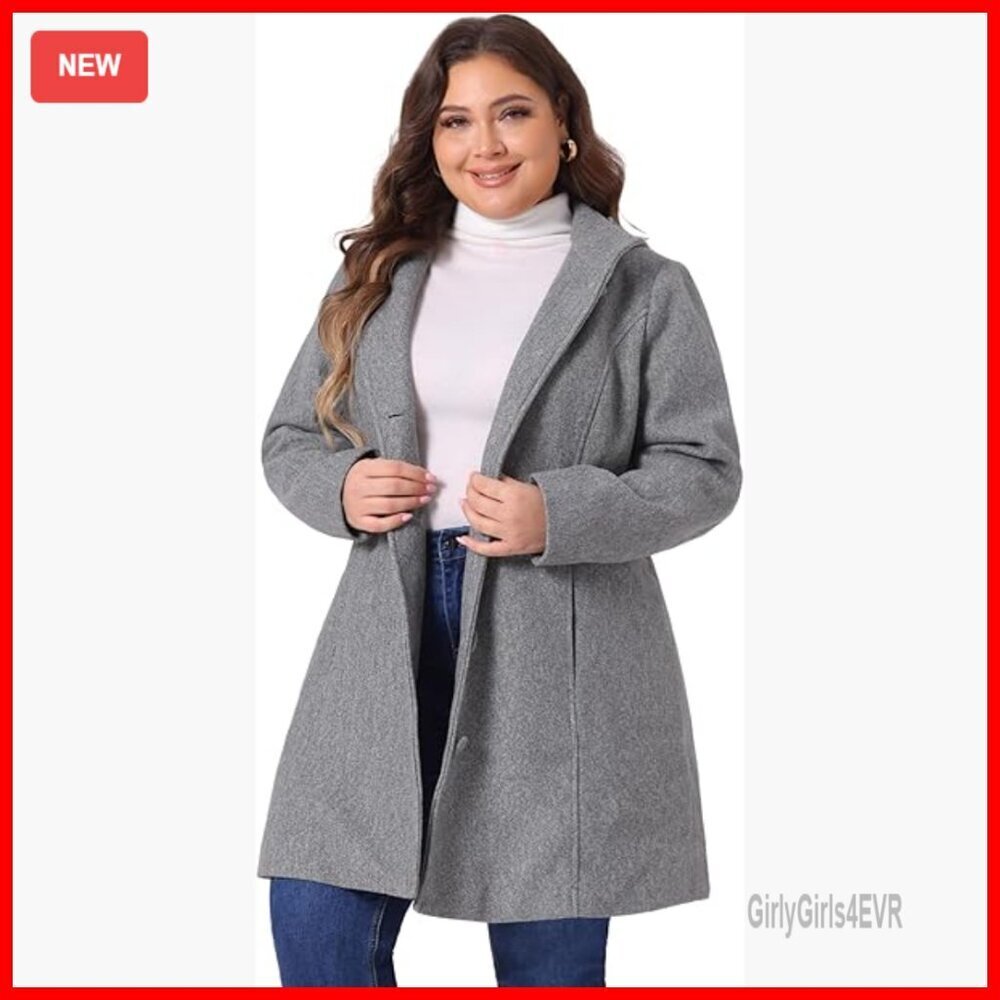 Plus Size Wool Blend Pea Coat with Detachable Hood, Single Breasted Trench